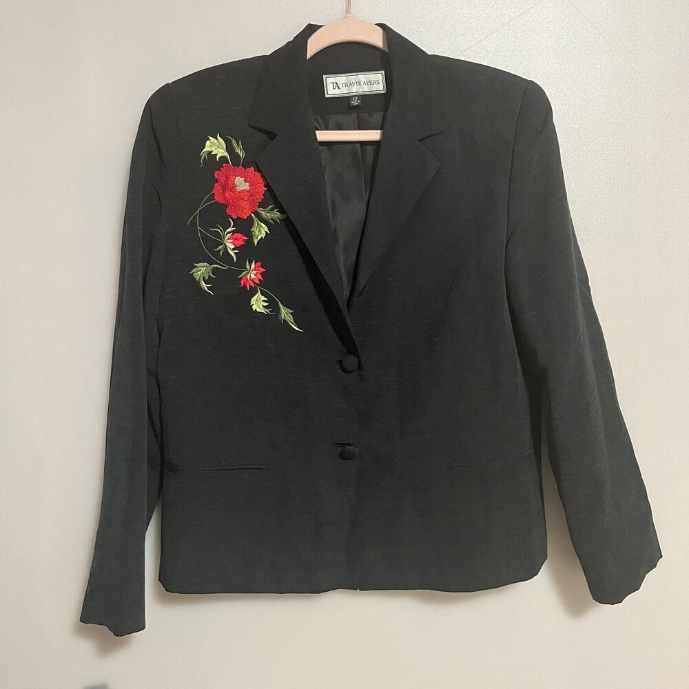TA Travis Ayers Blazer Womens Sz 12 Black Floral Embroidery Boho 100% Silk Lined